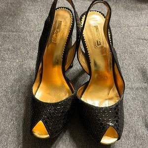Pre-loved Report signature Gala Black snake platform heels